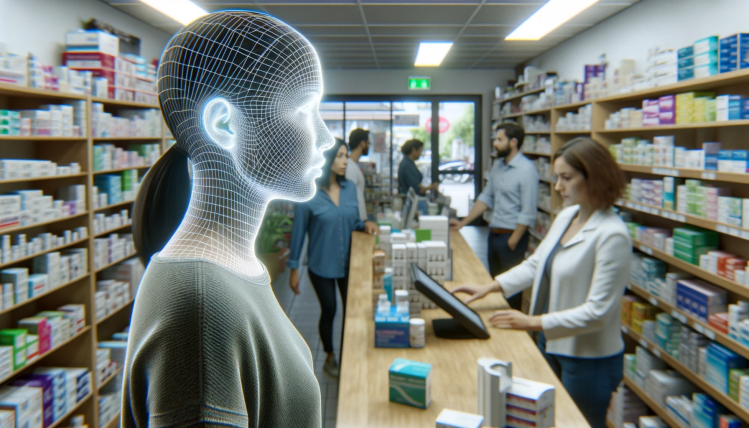 A feminine presenting person with a wireframe face stands near the counter of a pharmacy in front of other patrons and a cashier.