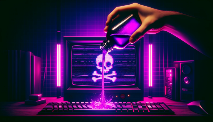 A hand pours a bottle of glowing purple liquid onto a keyboard of a vintage desktop PC displaying a pixellated purple skull and crossbones log amid flickering lines of static.