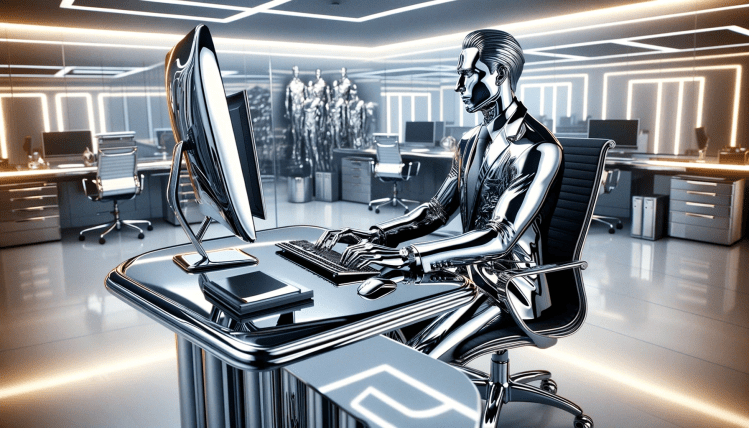 A chrome plated business person types on a computer at a desk all matching in chrome.