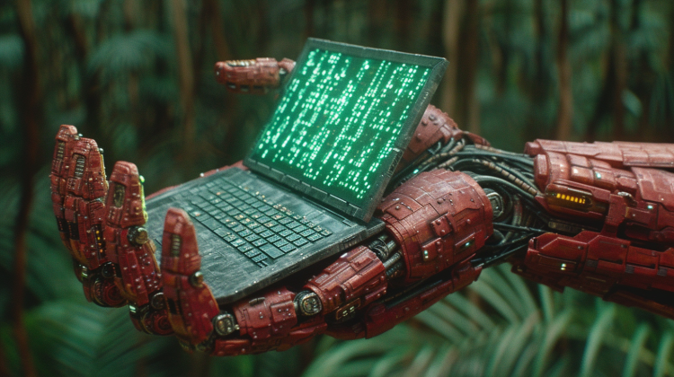 Red robotic brick hand holds a laptop displaying glowing green computer code.