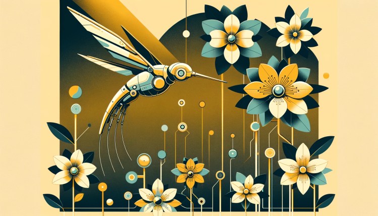 A robotic hummingbird flutters over a garden of flowers in a sepia toned AI illustration.