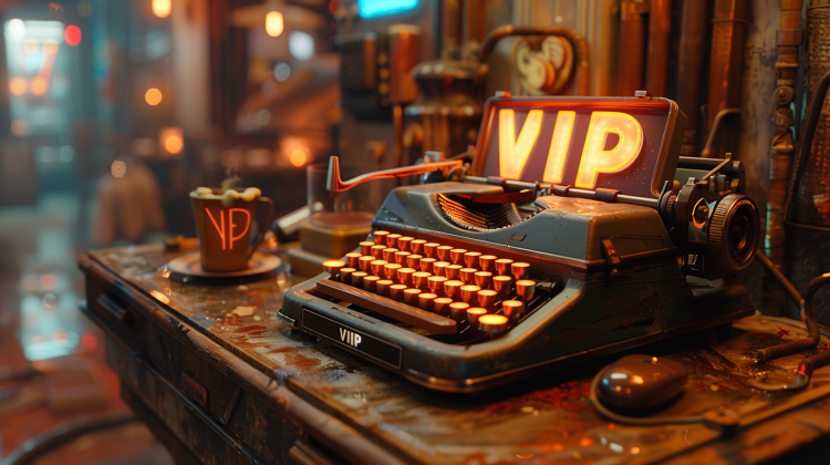 A steampunk typewriter with gold keys and neon lettering above it reading VIP.