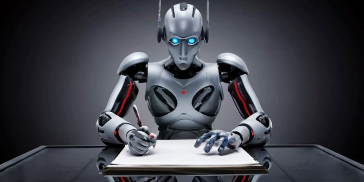 A robot writing on a notepad