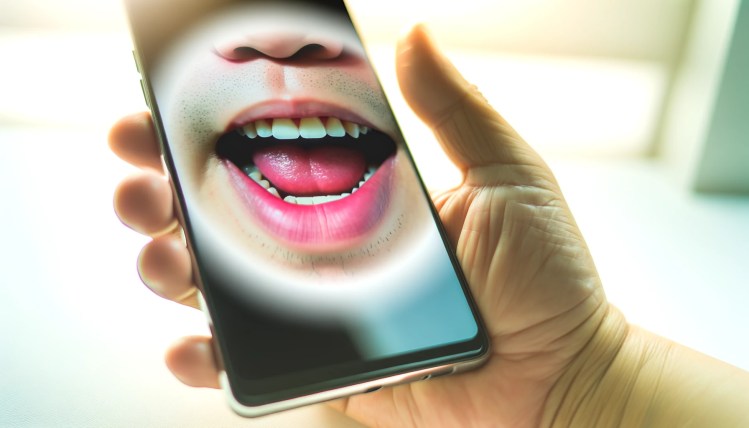 Close up image of a smartphone displaying a human mouth speaking