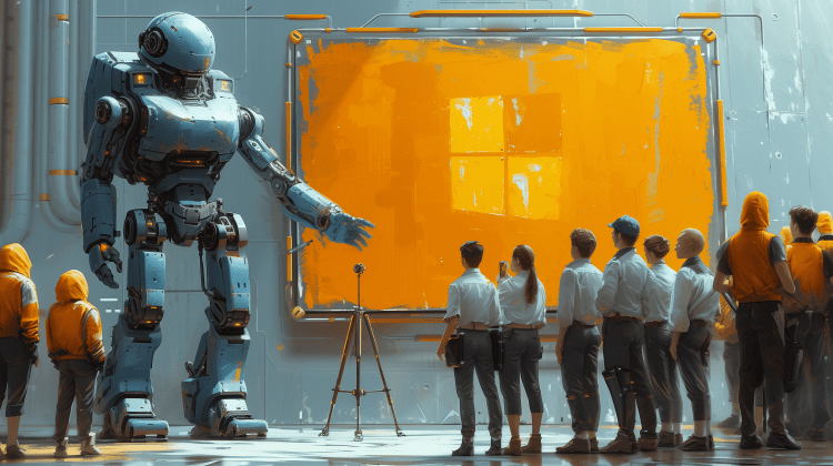 A giant gray humanoid robot with spherical bulbous body stands and gestures its arm toward a large yellow mural with a Microsoft Windows logo as a gathering of diverse people in gray and red clothing look on.
