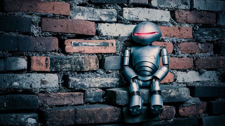 Robot sitting on a wall of bricks