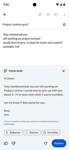 Polished draft in Gmail mobile. Image credit: Google