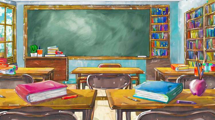 An AI-generated image of a classroom with a chalkboard and wooden desks.