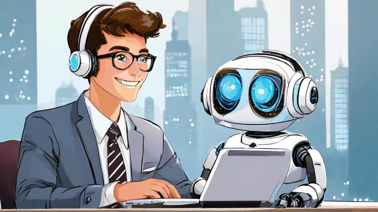 AI-generated image of a customer service agent and their robot assistant helping them/