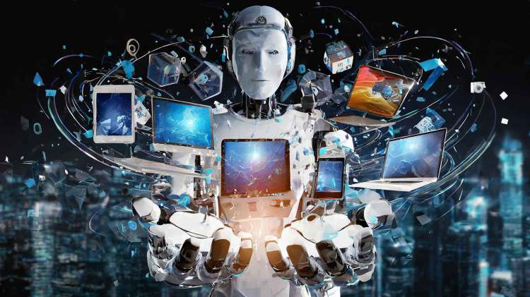 AI-generated image of a robot with hands holding electronic devices.