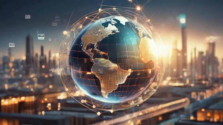 AI-generated image of a translucent globe hovering hovers, representing the interconnectedness of language, technology, and human interaction.