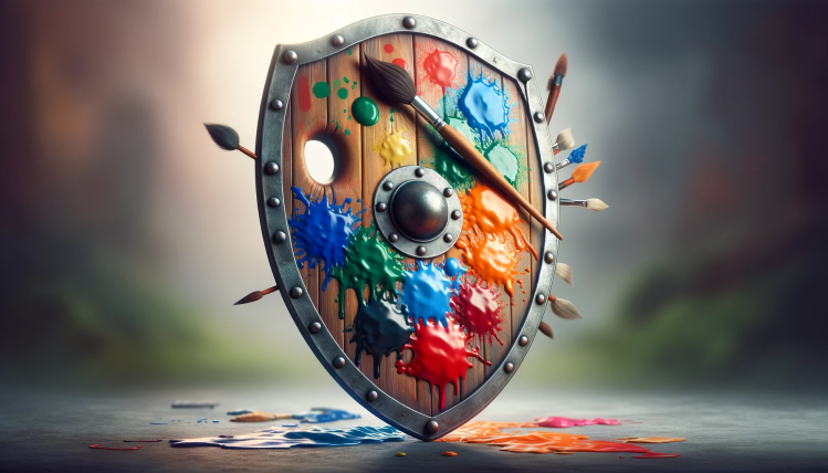 A shield decorated with paint splotches and brushes to resemble an artist's palette.