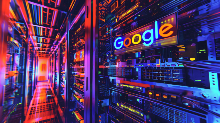A glowing blue and reddish server farm with one server prominently displaying a primary colored text logo of the company Google.