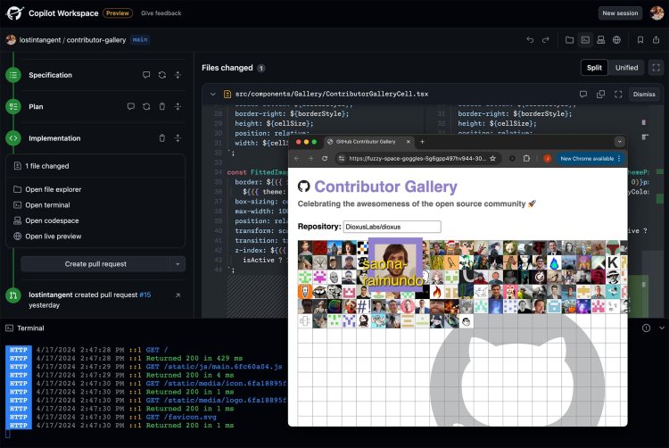 GitHub Copilot Workspaces showing a live preview of sample code. Image credit: GitHub