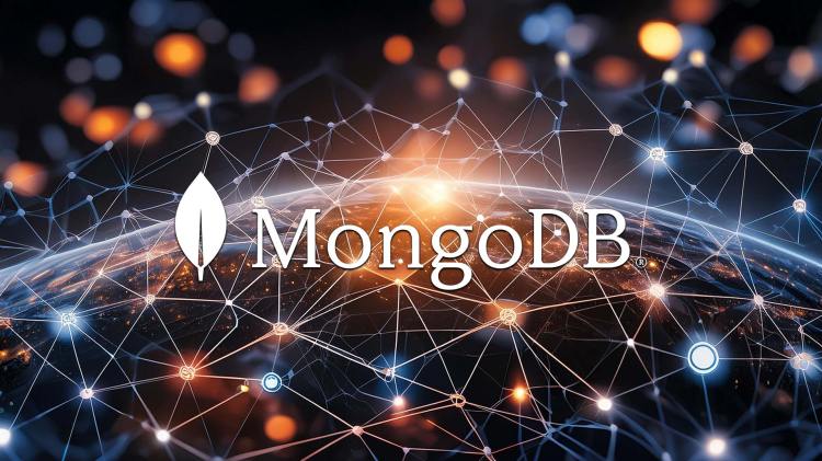 An AI-generated image showing abstract depiction of interconnected nodes or neural networks overlaid with elements representing modern application development with the MongoDB logo.