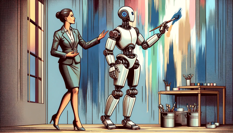 A woman wearing a blue suit skirt looks over a white humanoid robot holding a paintbrush painting a colorful abstract mural.