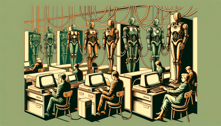 White collar workers in a retro office type on computers at desks beneath humanoid robots hanging from the ceiling attached to various cables.