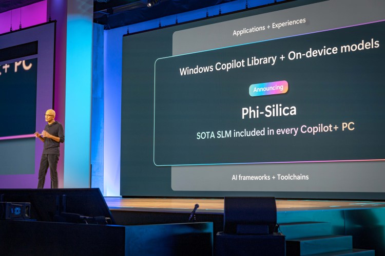 Microsoft CEO Satya Nadella on stage at the company's Build conference on May 21, 2024 introducing the Phi-Silica model. Photo credit: Ken Yeung/VentureBeat