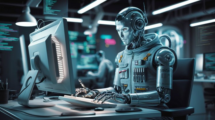 A robot coding on a computer