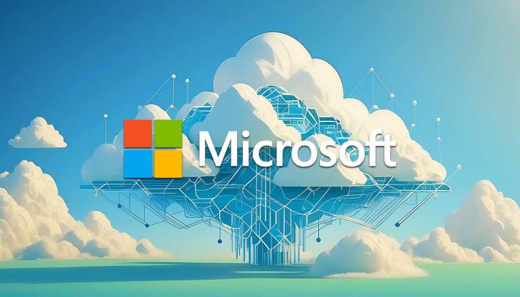 AI-generated image of a blue sky with computer circuitry behind the Microsoft logo.