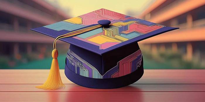 AI-generated image of a mortarboard embroidered with computer circuitry.