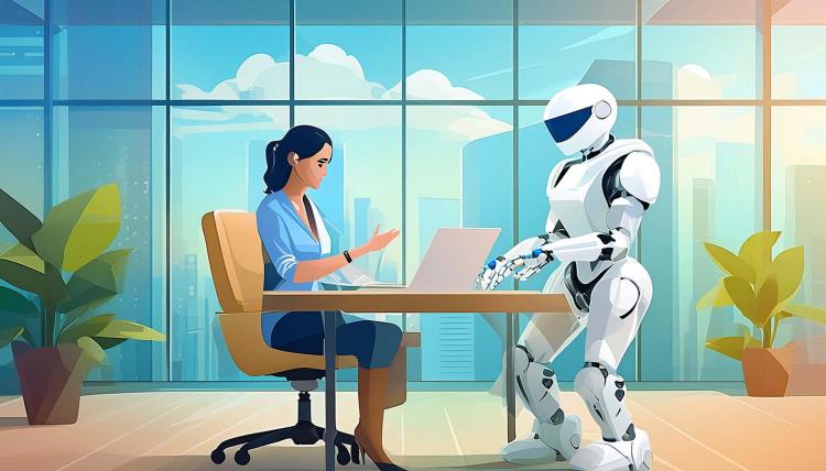 AI-generated image of a robot copilot helping a human in an office setting.