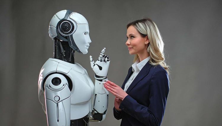 AI-generated image of robot standing next to a human.