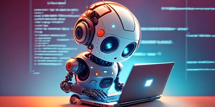 AI-generated robot working on a computer.