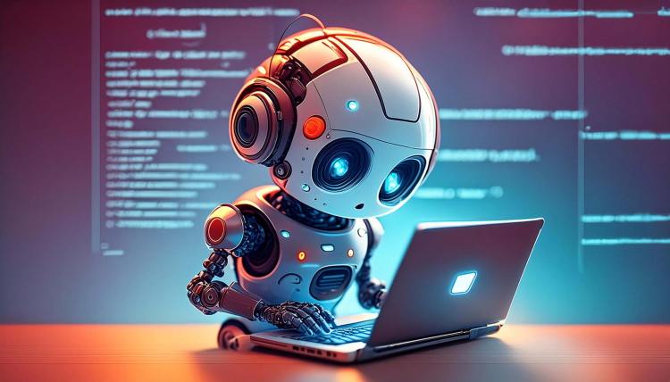 AI-generated robot working on a computer.