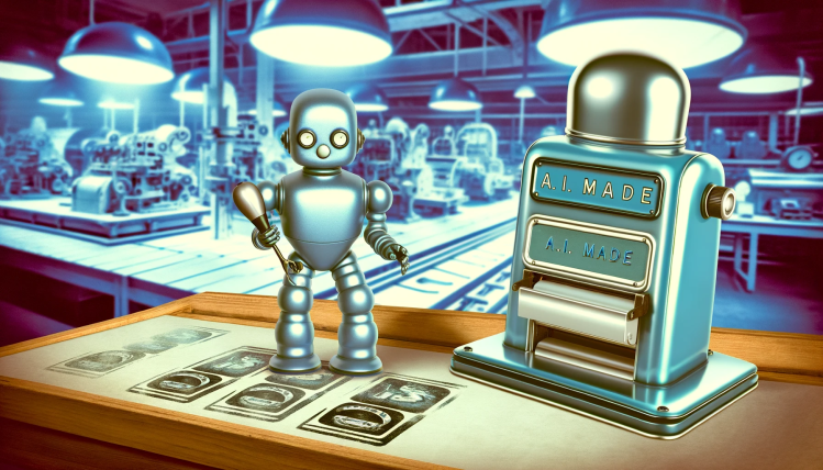 Retro sci-fi style AI image of a tiny robot atop a desk beside a stamp with text inscribed on it reading AI Made