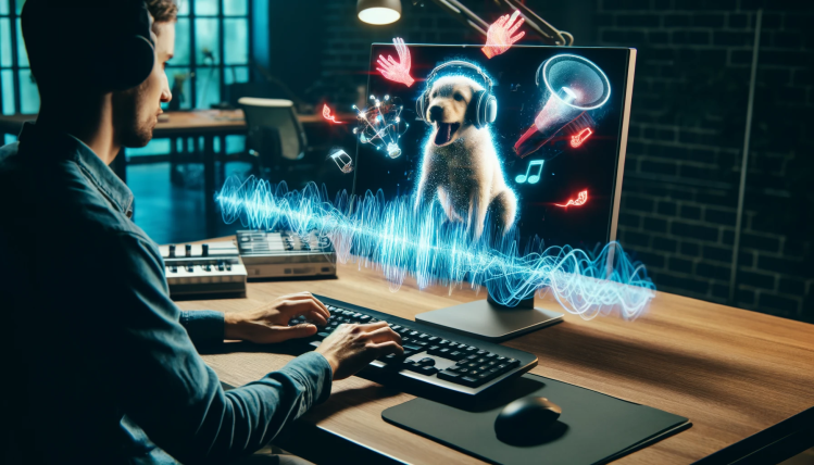 A man typing on a mac-like desktop computer with glowing blue sound waves and a dog and hands emerging from the display.