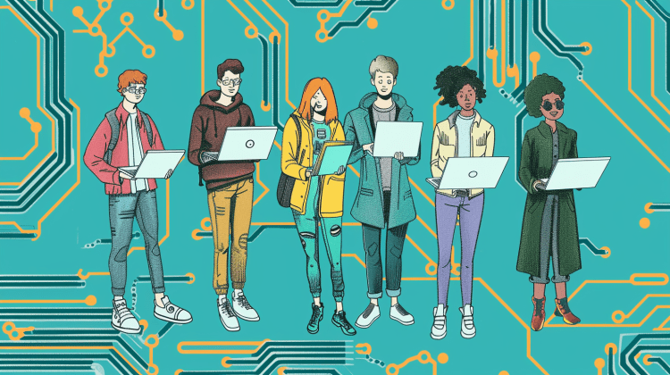 AI drawing of 6 software developers of diverse skin tones and clothing standing holding laptops in front of turquoise circuit board backdrop