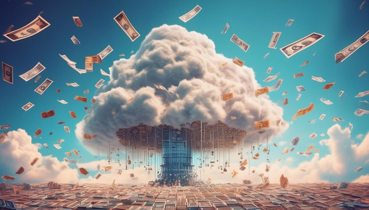 AI-generated image of a cloud with money raining down.