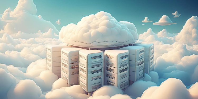 AI-generated image of databases in a server room floating on clouds.
