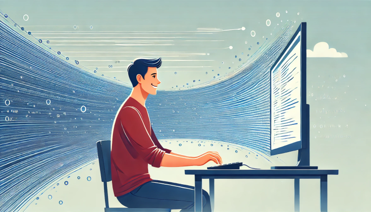 Vector art of developer in red shirt masculine presentation with short black hair typing on thin curved monitor spilling blue lines of data around him