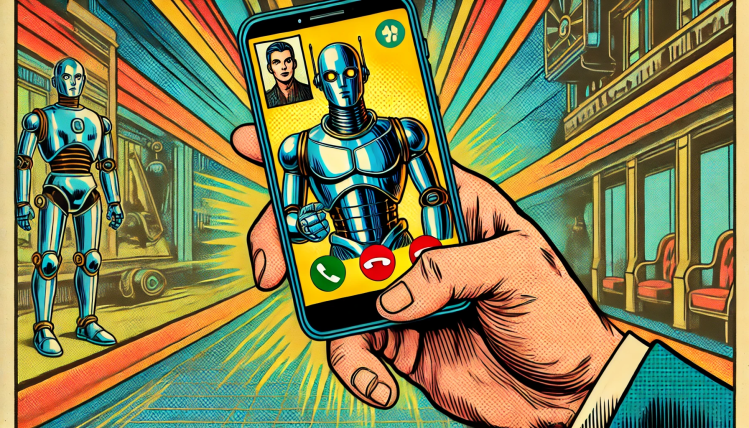 Hand holding smartphone displaying video call with robot as other robot stands in background