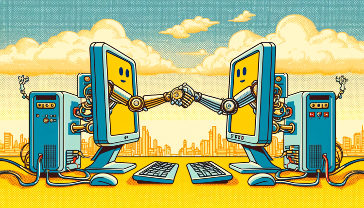 Two yellow computer monitors shaking hands and smiling