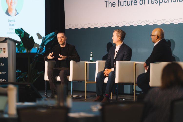 Jason Clinton, CISO of Anthropic (left), and David Zhou, CISO of Instacart (center), discuss the rapidly evolving risks of artificial intelligence during a panel moderated by Michael Nunez, editorial director of VentureBeat, at the DataGrail Summit 2024. (Credit: DataGrail)