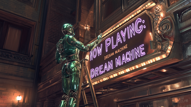Green shiny humanoid robot stands on ladder at night and hangs purple letters on a marquee spelling Now Playing Dream Machine