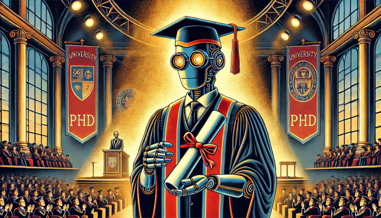 Robot wearing graduation robes and cap accepts a diploma in front of audience