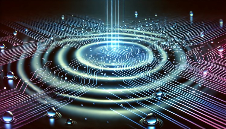 Liquid ripples over the surface of glowing blue and purple circuitry against a black backdrop