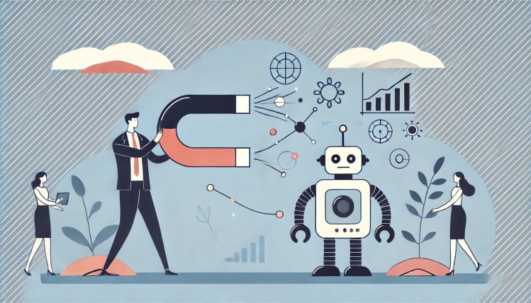 Man holds up magnet to robot in blue pastel image