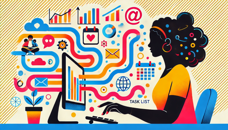 AI flat colorful artwork of black woman typing on computer surrounded by colorful icons