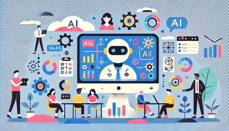 Flat vector art AI collage of robots and icons and gears around a PC monitor as well as small human figures