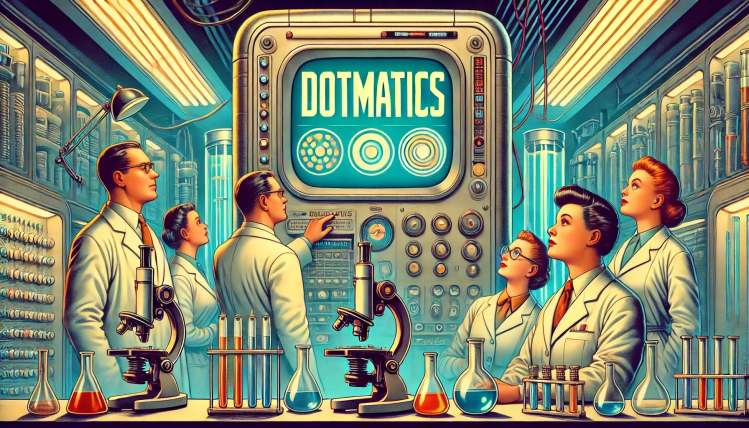 A group of light-skinned researchers of varying genders stands in a scientific lab looking up at a giant screen displaying text Dotamtics in retro 1960s sci-fi style