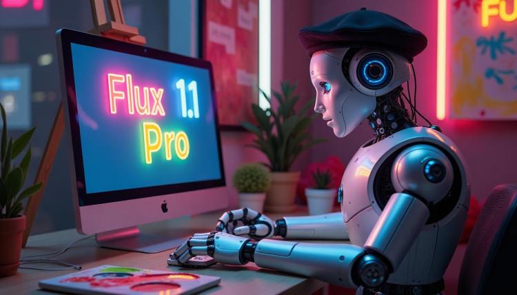 White robot wearing beret sits at computer monitor displaying words Flux 1.1 Pro in glowing neon text