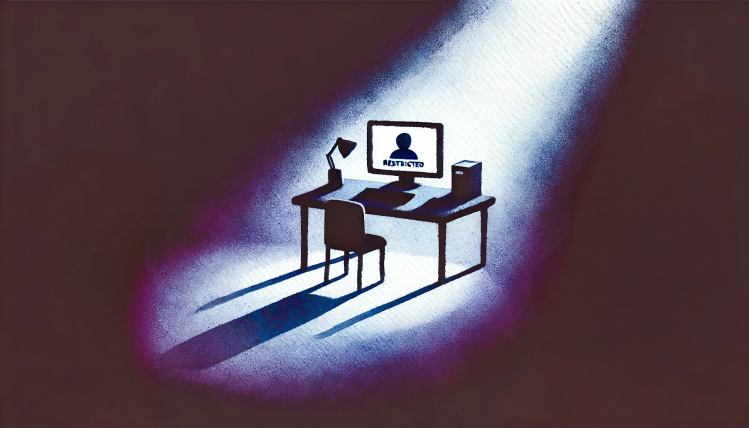 A dark AI watercolor style image of an empty desk and chair with computer monitor displaying text "restricted" and a small icon of a person's silhouette or emoji