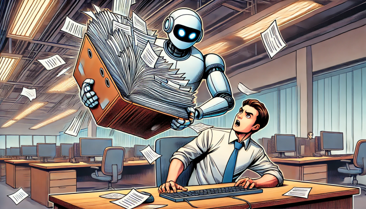 Cartoon image of white humanoid robot holding brown binder filled with papers flying in the air over an office to a man at a desk surprising him