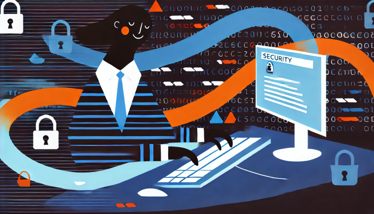 Black and blue corporate memphis AI image of security engineer typing on desktop PC surrounded by swirls of colorful data