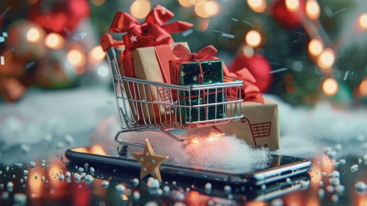 Christmas shopping online, mobile app marketplace and home delivery , mockup screen